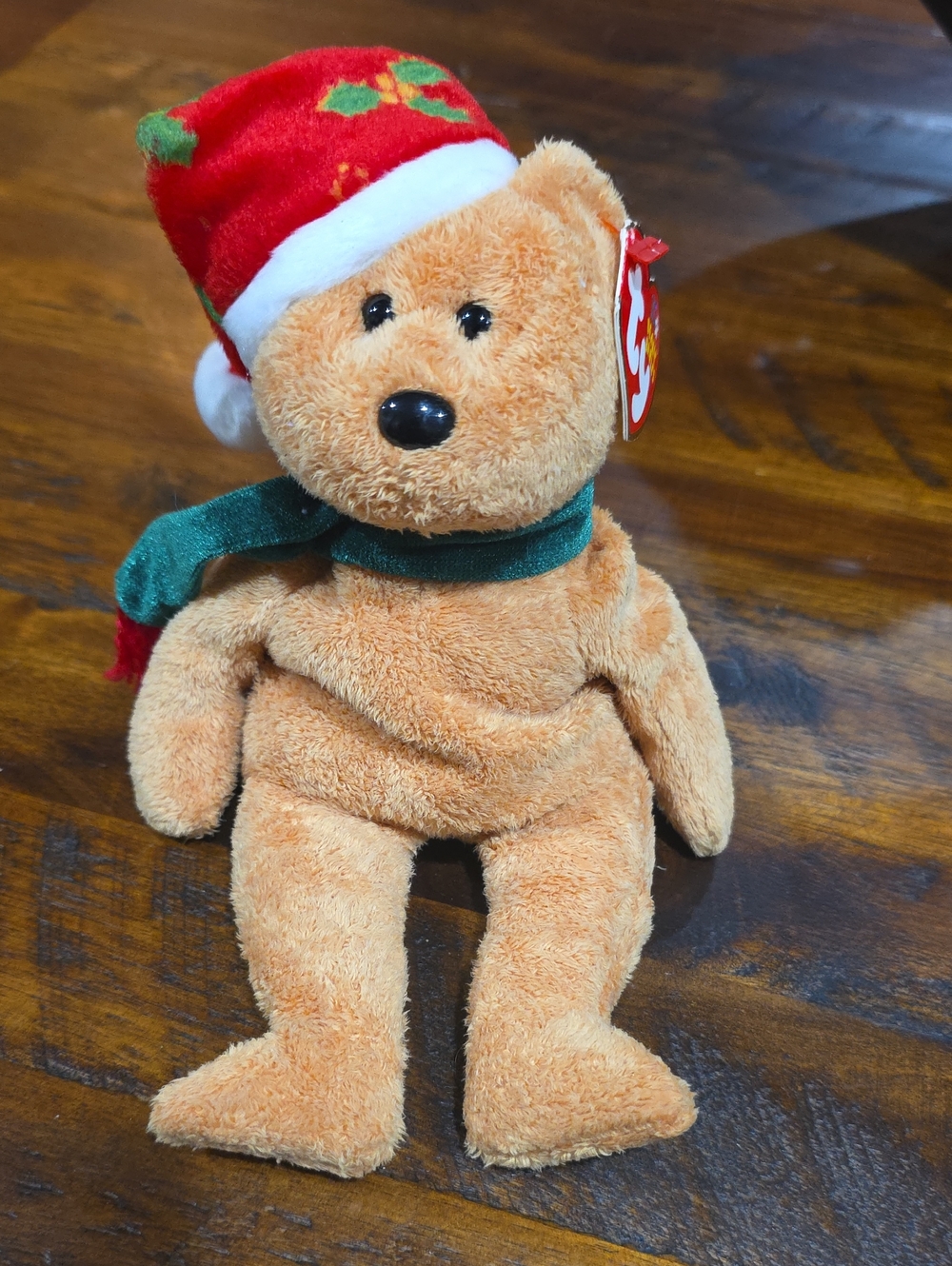 Ty Tan Bear Plush with Red Santa Hat and Green Scarf